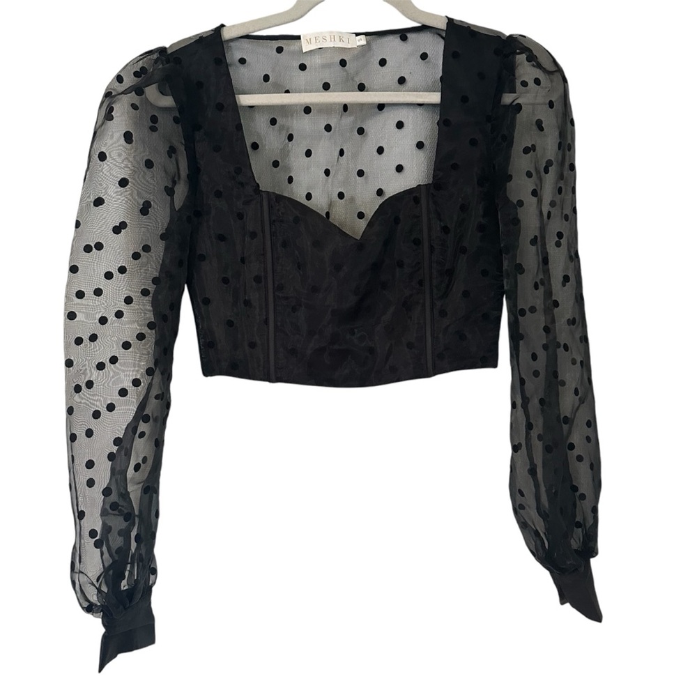 MESHKI Sailor Polka Dot Sheer Puff Sleeve Black Corset Top Size Small - Picture 3 of 8